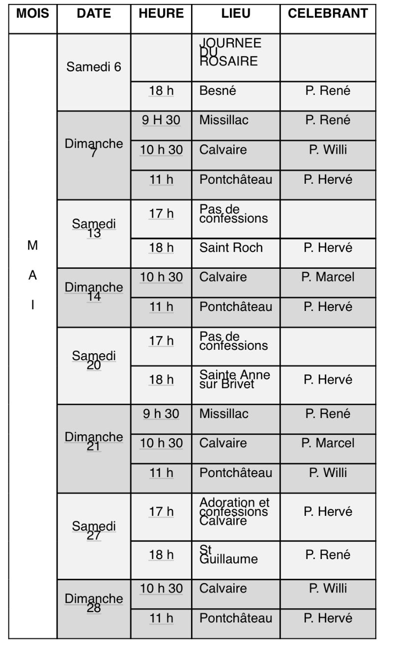 HORAIRES DES MESSES DE LA PAROISSE – Paroisse Sainte Croix de Montfort